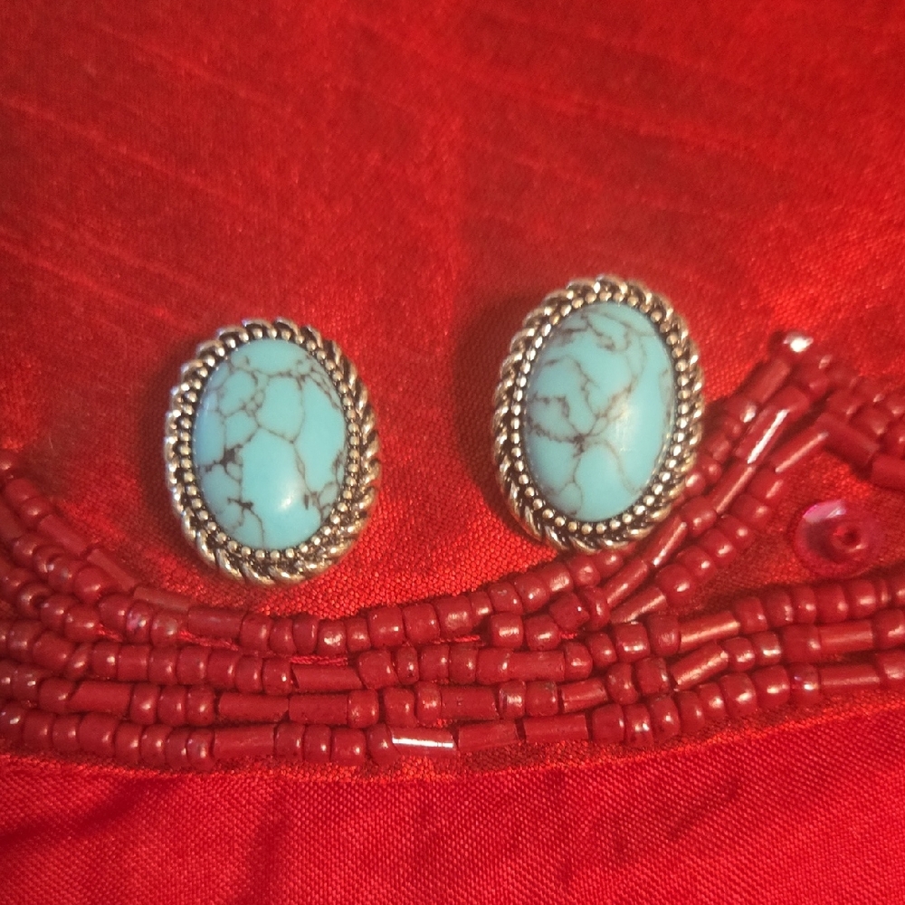 Chaps Turquoise and Silver Oval Earrings